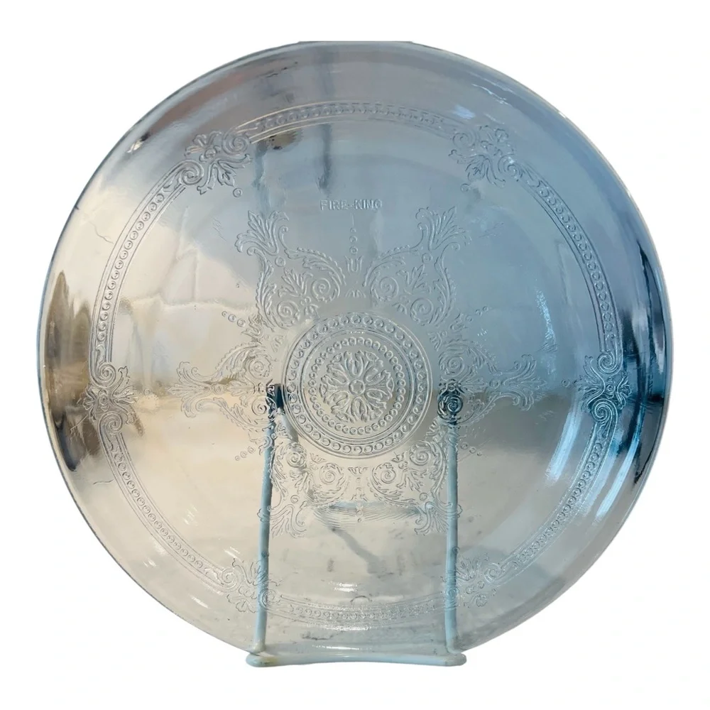 Vintage Fire-King Clear Glass 9” Pie Plate Ornate Scroll Medallion 1940s
